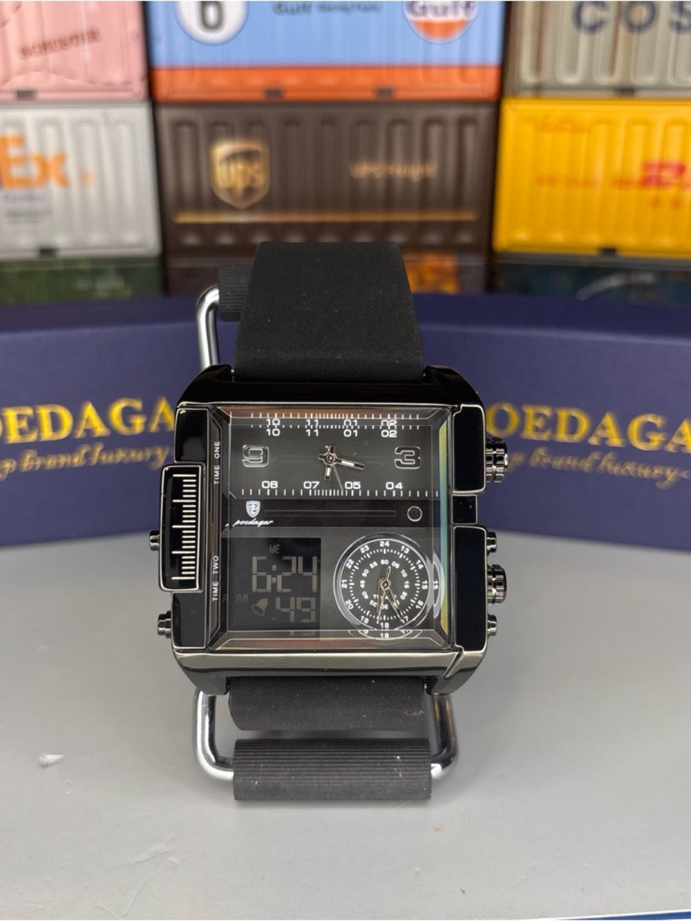 Poedagar 50mm Black Square Multi mg-Function Digital-Analog Watch